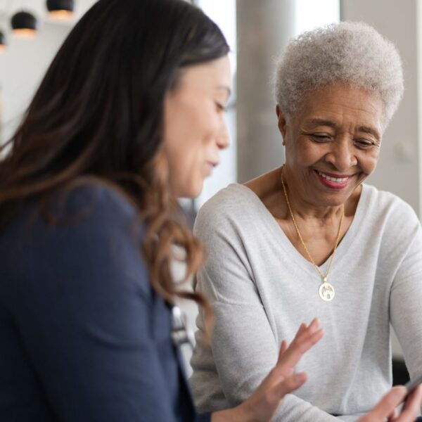 woman talking to mother while ordering