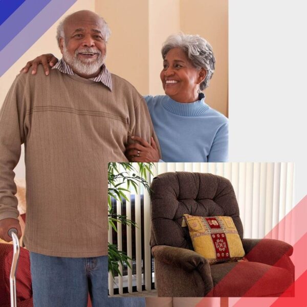 smiling couple with medical lift chair in corner