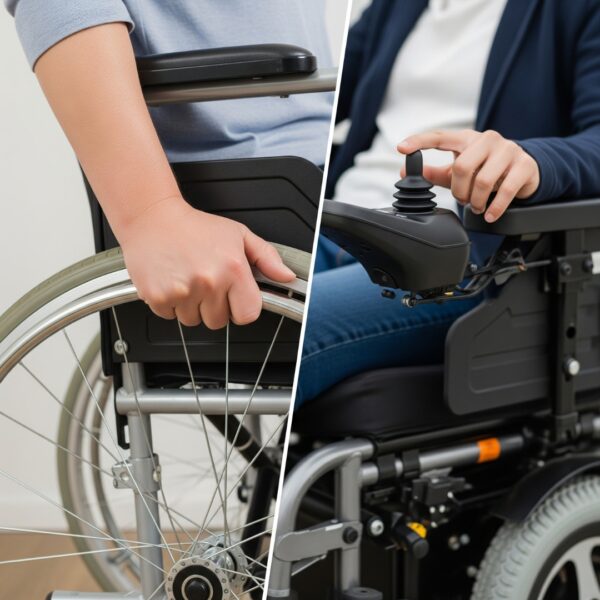image of a standard wheelchair and a powerchair