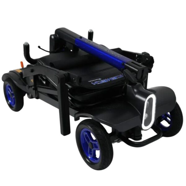A mobility scooter that is folded