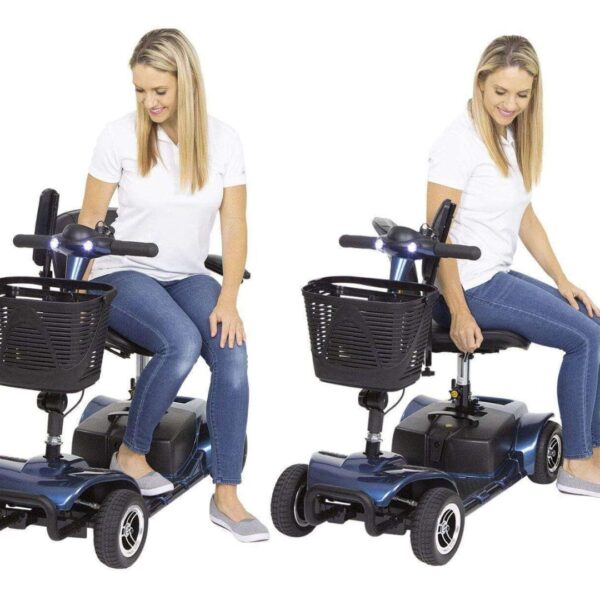 A woman sitting on a mobility scooter