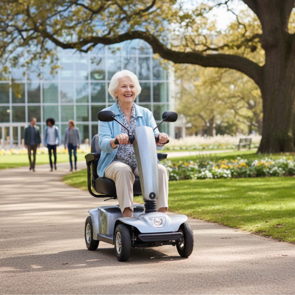 woman riding a power mobility scooter