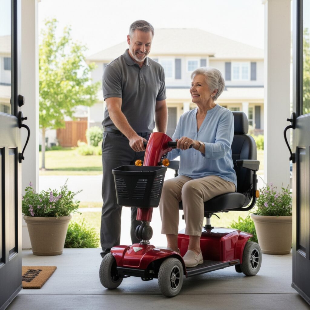 woman riding a power mobility scooter