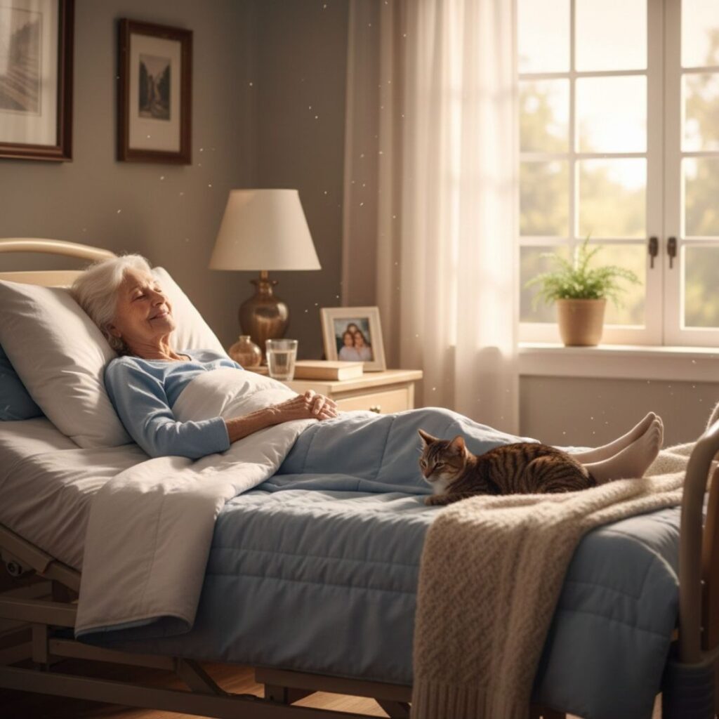 An old lady relaxing in her hospital bed at home