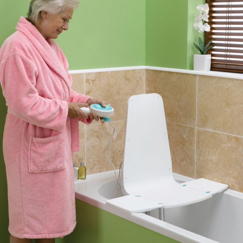 A lady about to get in her bath tub via a lift