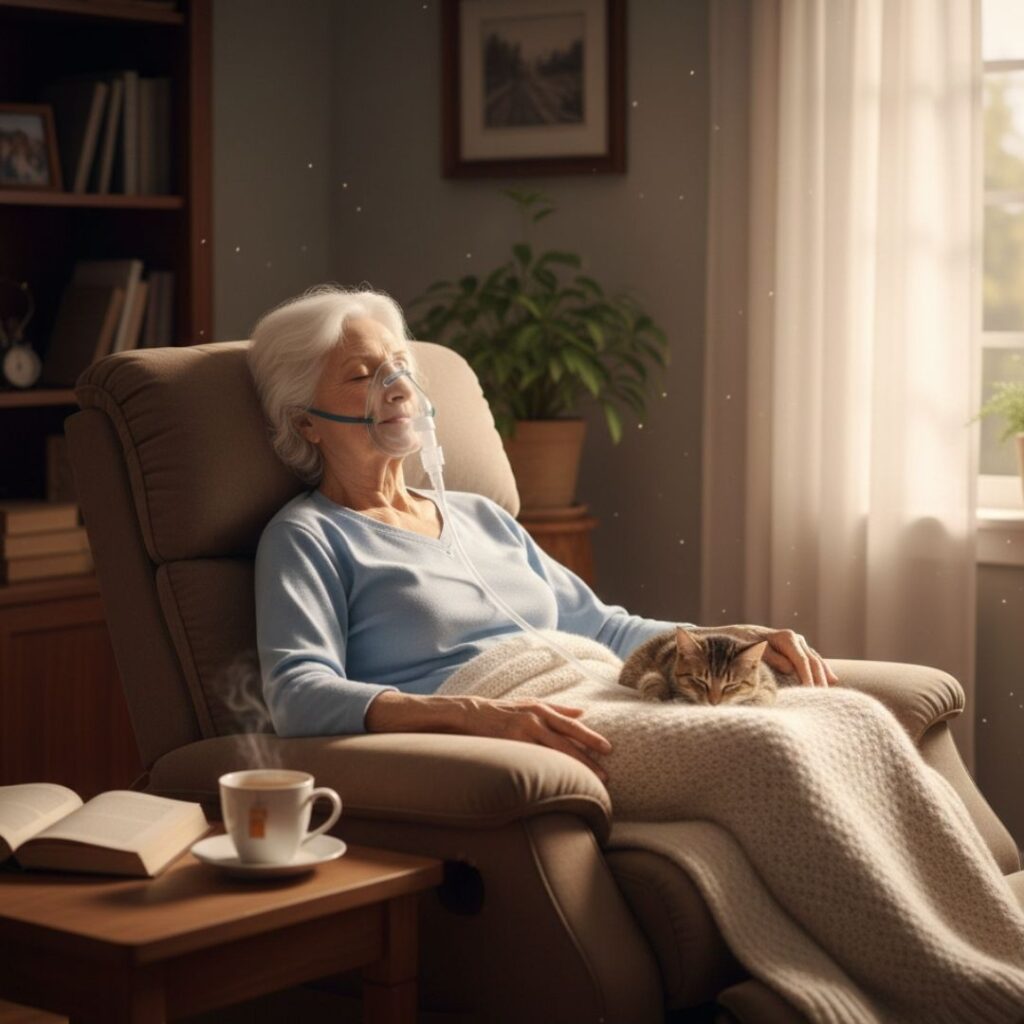 An old lady relaxing with an oxygen mask