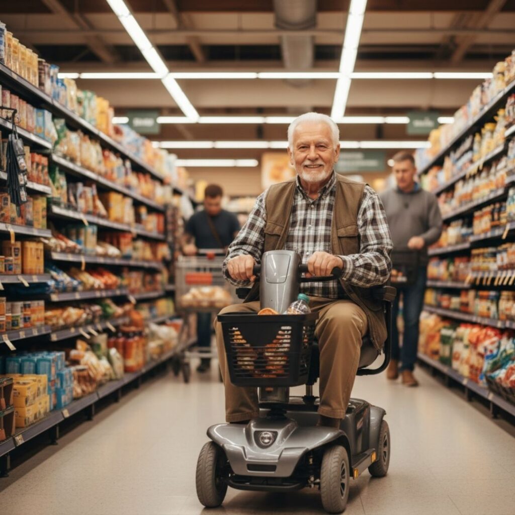 An old man riding his scooter in a grocery store