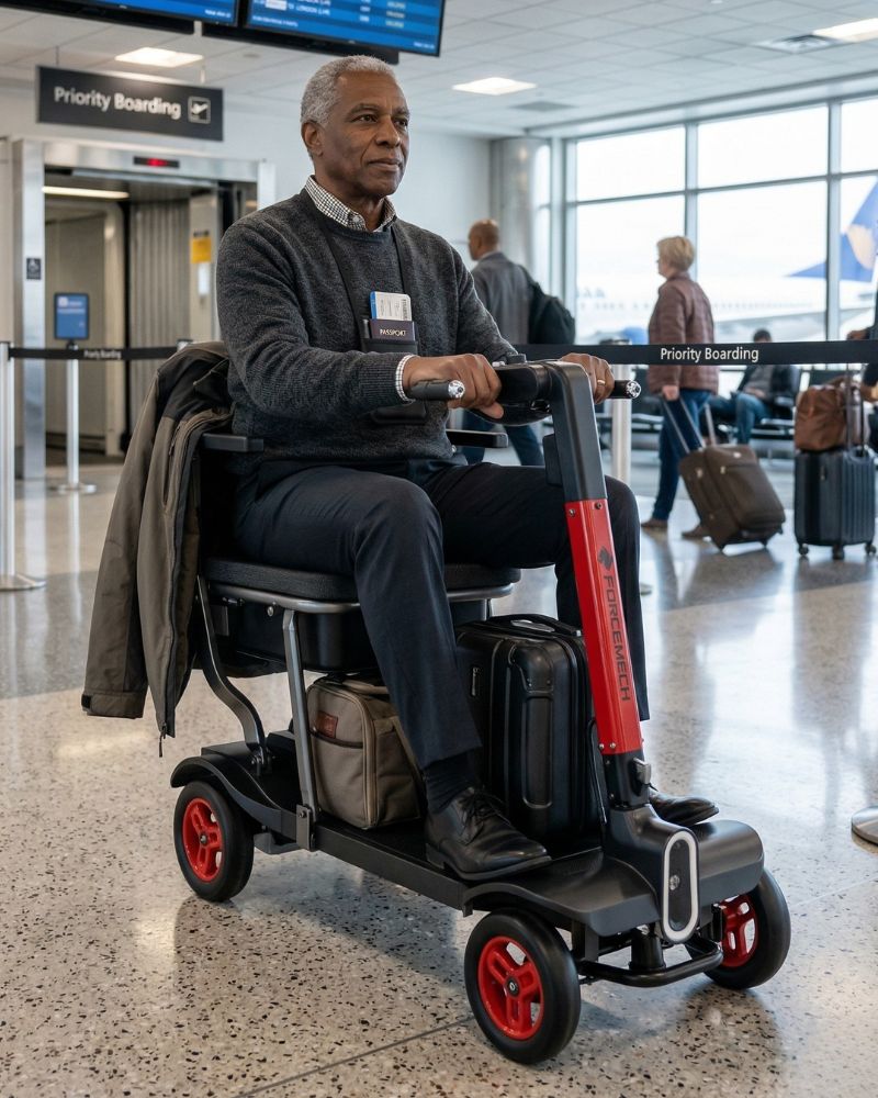 a man operating a scooter in an airport