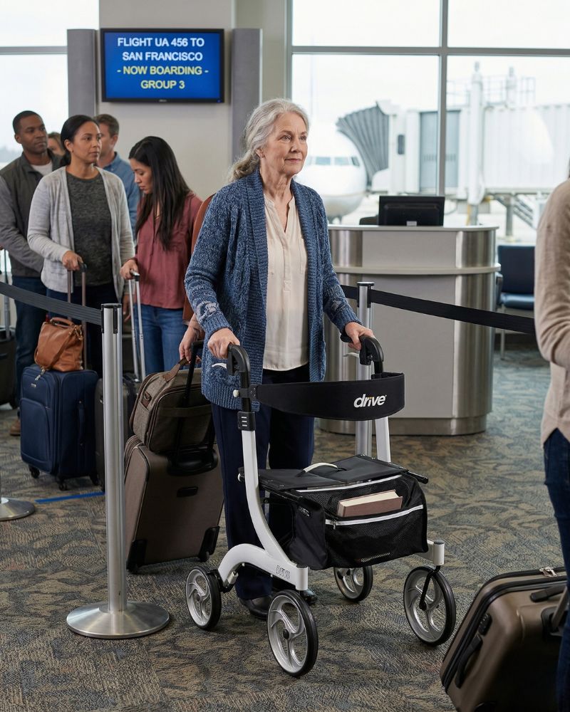 a woman boarding a plane with a walker