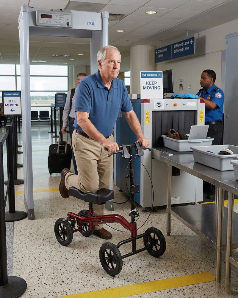 a man going through TSA with a knee walker