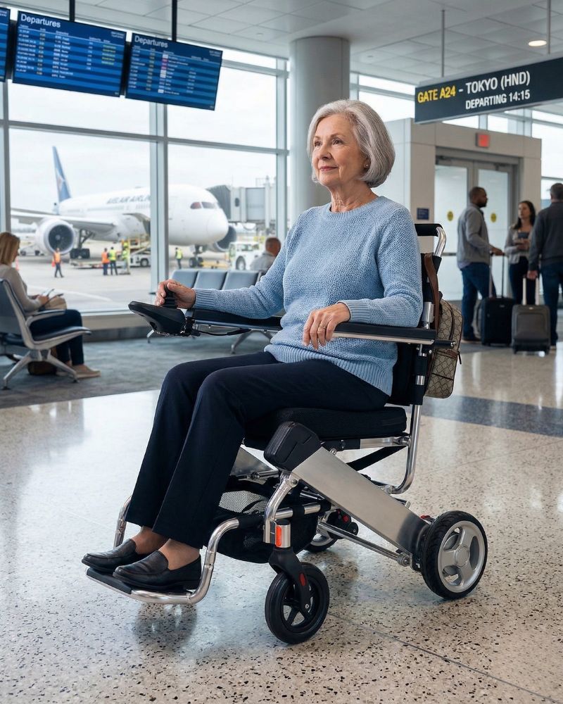 a woman navigating an airport in a powered wheel chair